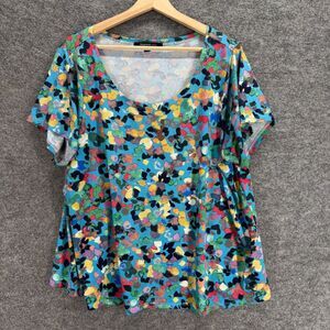 Zac & Rachel T-Shirt Women 2X Plus Blue Geometric Short Sleeve Round Neck Casual